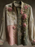 Vintage Pink Roses Fiber Art Embroidered Patchwork Linen Blouse elevenforest