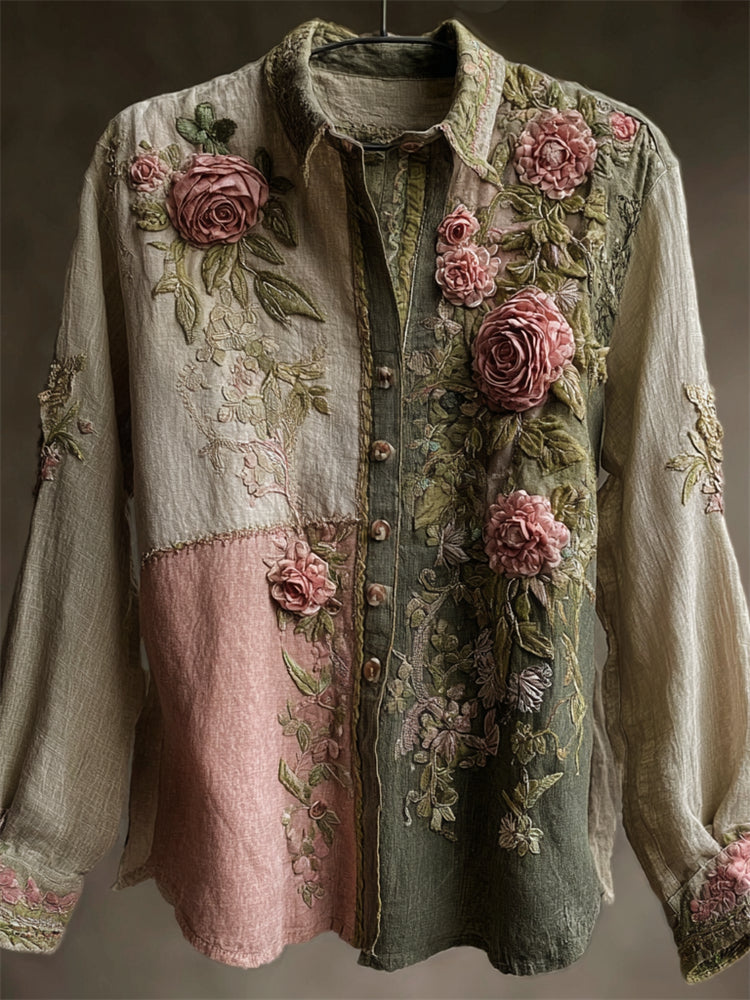 Vintage Pink Roses Fiber Art Embroidered Patchwork Linen Blouse elevenforest