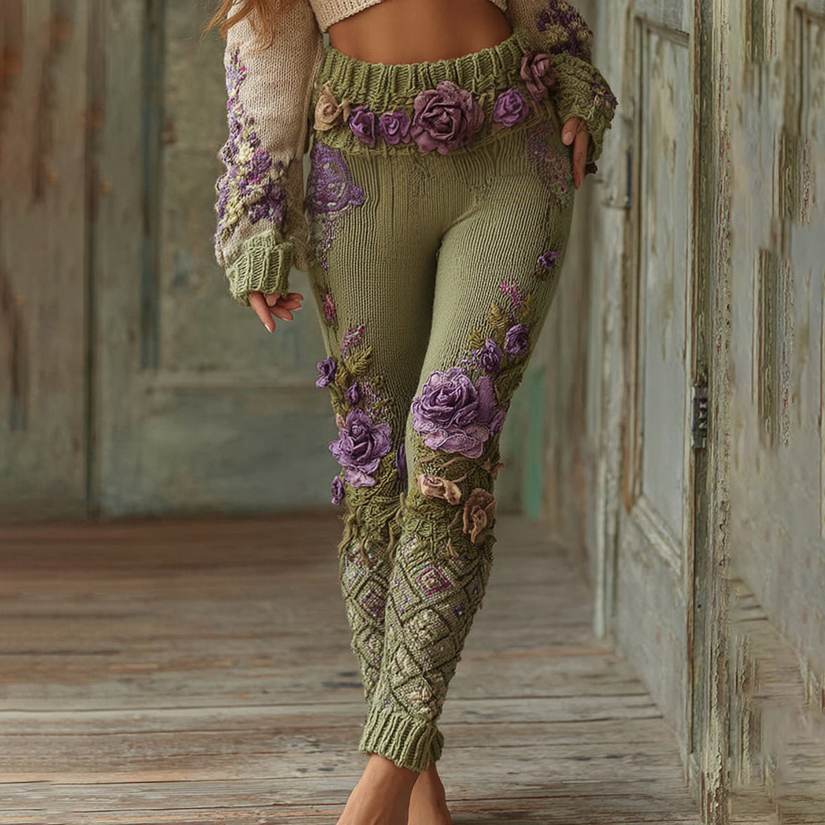 Lassy Gradient Purple Lavender And Floral Art Cozy Knit Leggings elevenforest