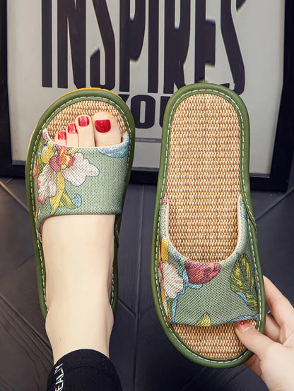 Summer Couple Linen Flower Print Indoor Flat Slippers Cc008