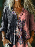 Women's Vintage Ethnic Floral Art Print Casual Cotton Linen Shirt