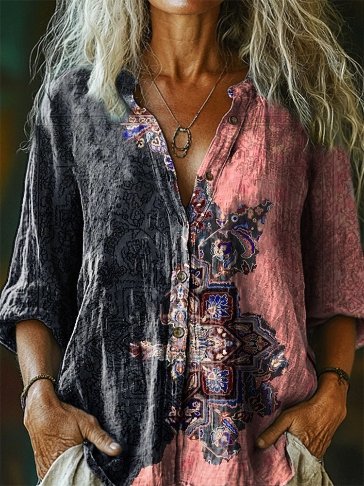 Women's Vintage Ethnic Floral Art Print Casual Cotton Linen Shirt