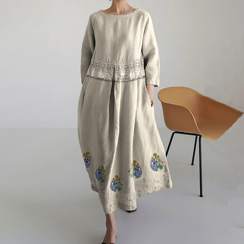 Vintage Floral Embroidered Lace And Linen-blend Dress elevenforest