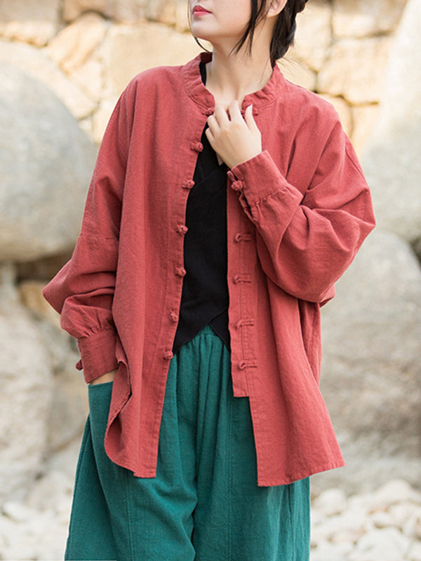 Batwing Sleeves Loose Chinese Frog Buttons Pleated Color Split-joint Stand Collar Blouses