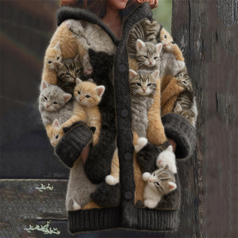 Comstylish Lovely Crowded Cats Felt Art Cozy Hooded Cardigan