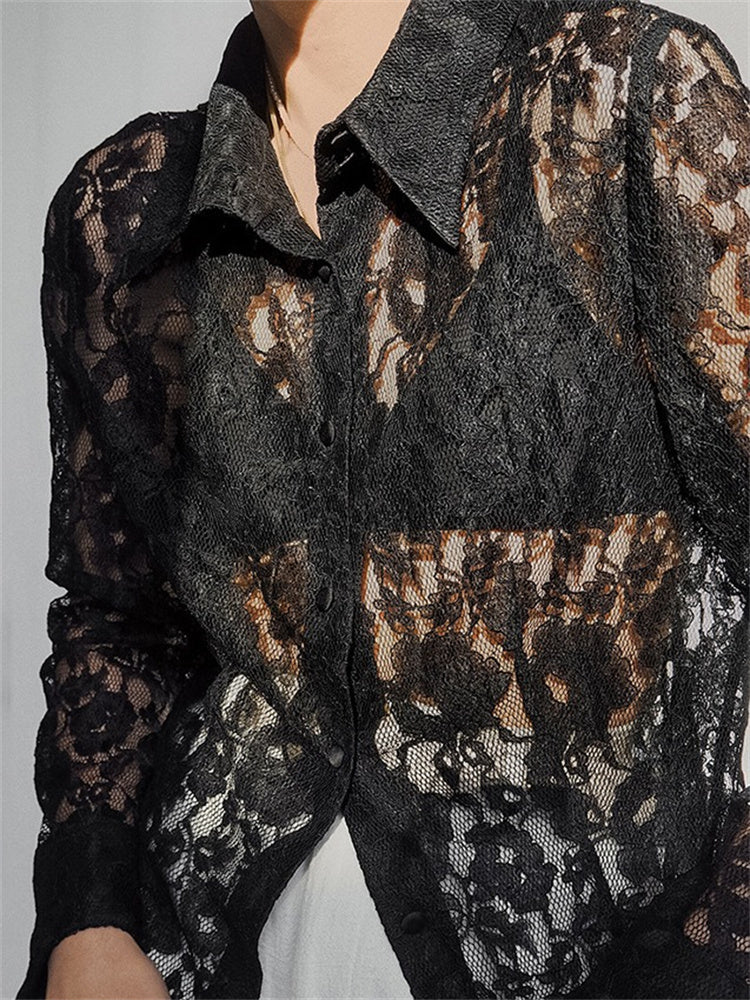 Tossy Lace Printed See-through Shirts for Lapel Hollow Out Long Sleeve Patchwork Cardigan ’s Loose Shirts Summer