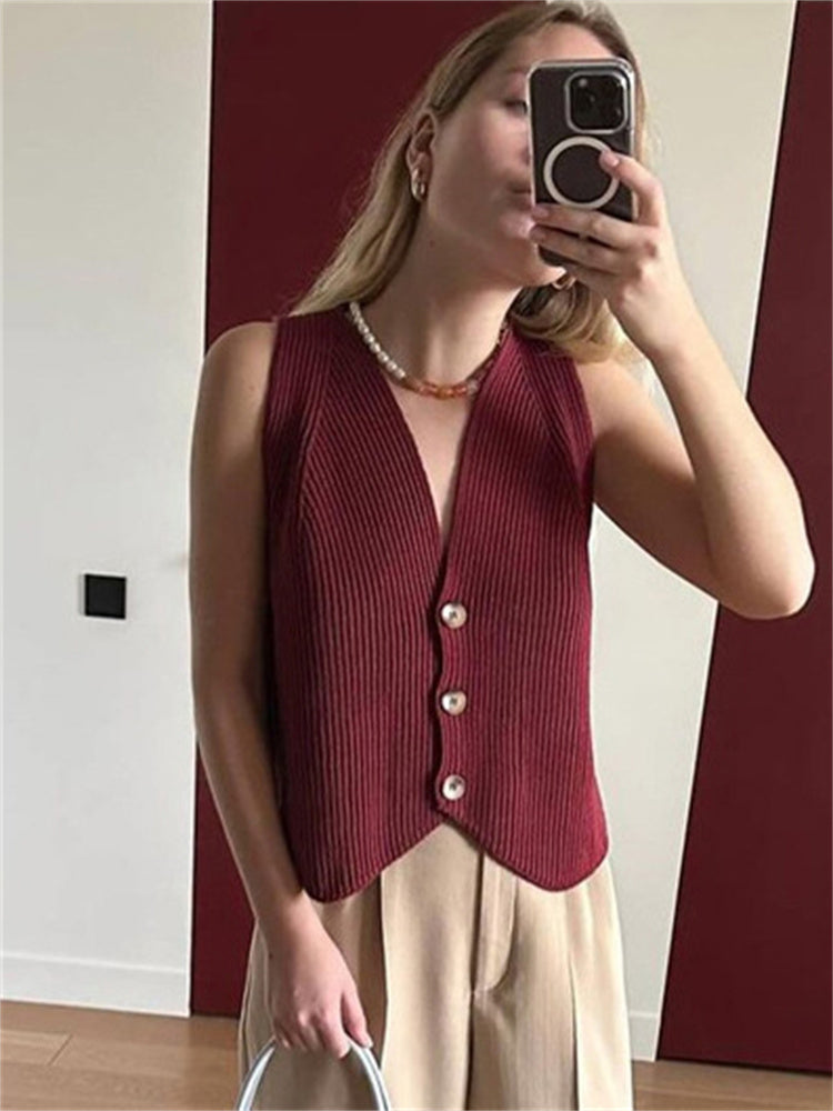 Tossy Knit V Neck Tank Top New Button Down Vest Sleeveless Slim Going Out Beach Holiday Tops for Lady