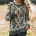Women's Celtic Knot Jacquard Contrast Crew Neck Sweater elevenforest