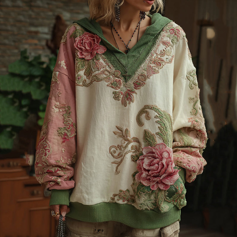 Love & Health Collection Classic Rose And Floral Art Linen Long Sleeve Hoodie elevenforest