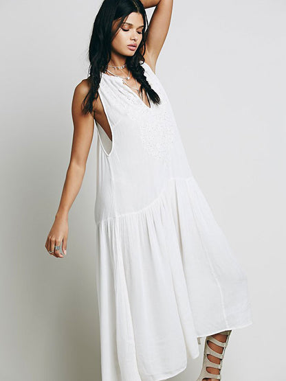 Dress Sleeveless V-neck Embroidered Gypsy Beach Vacation Teal Summer Long Tank Dress for
