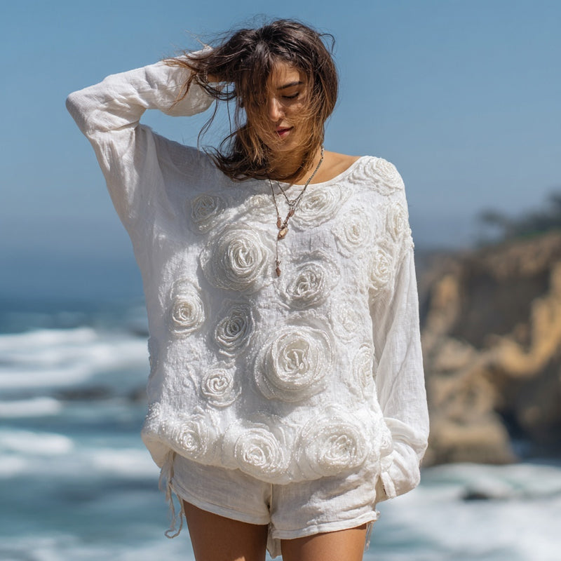 Boho White Roses Embroidered Long Sleeve Linen Tunic elevenforest