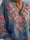 Boho Pink Roses Embroidered Denim Blue Tunic elevenforest