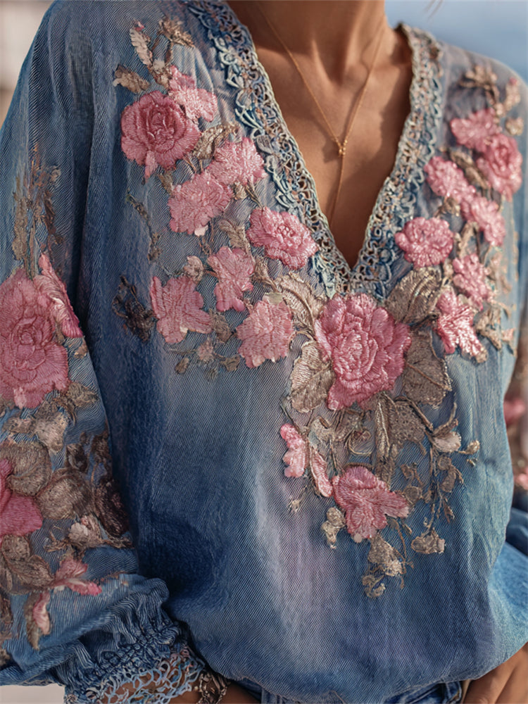 Boho Pink Roses Embroidered Denim Blue Tunic elevenforest