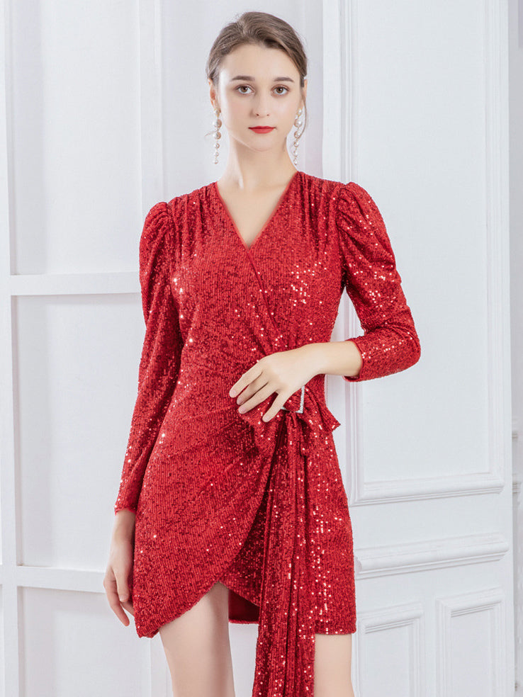Sequin Mini Dress Surplice Tank Bow Faux Wrap Birthday Party Dresses