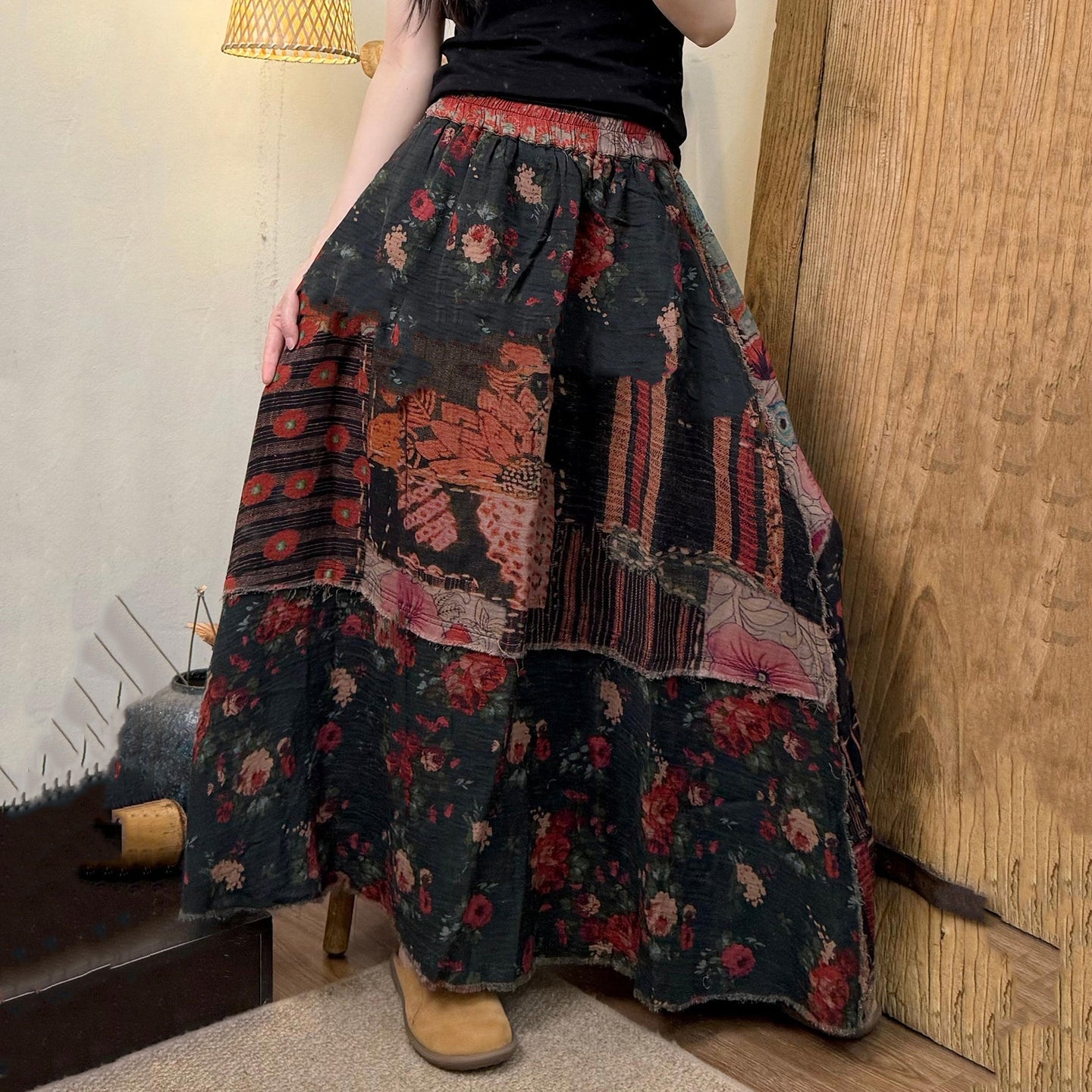 Women's Vintage Floral Patchwork Art Pattern Cotton Skirt elevenforest