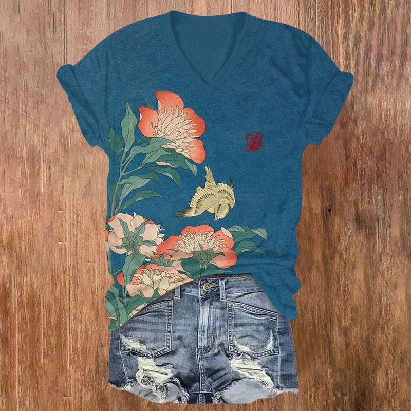 Comstylish Women's Vintage Floral Print V-neck T-shirt