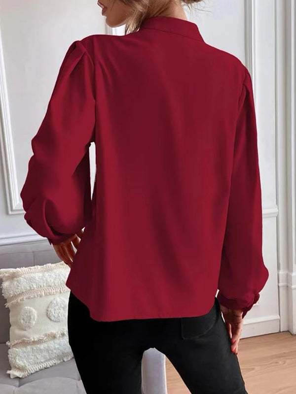 Loose Puff Sleeves Pleated Color Split-joint Stand Collar Blouses