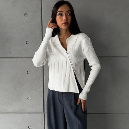 Taruxy White Knitted Cardigan Ribbing Turn Collar Zipper Slim Sweater Femme Autumn Winter Knitwear Cardigans Woman
