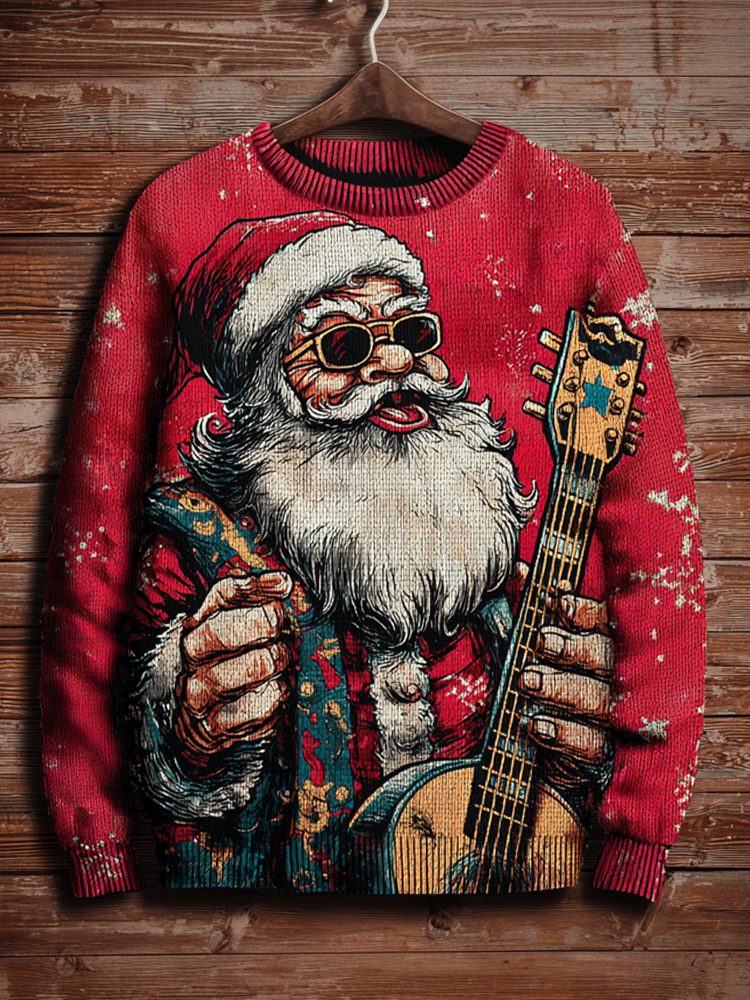 Retro Rock Santa Claus Pattern Printed Men's Knit Sweater elevenforest