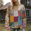 Women's Vintage Cross Floral Patchwork Art Cozy Sweatshirt elevenforest