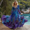 Women's Vintage Rose Floral Gradient Pattern V-neck Long-sleeved Dress elevenforest