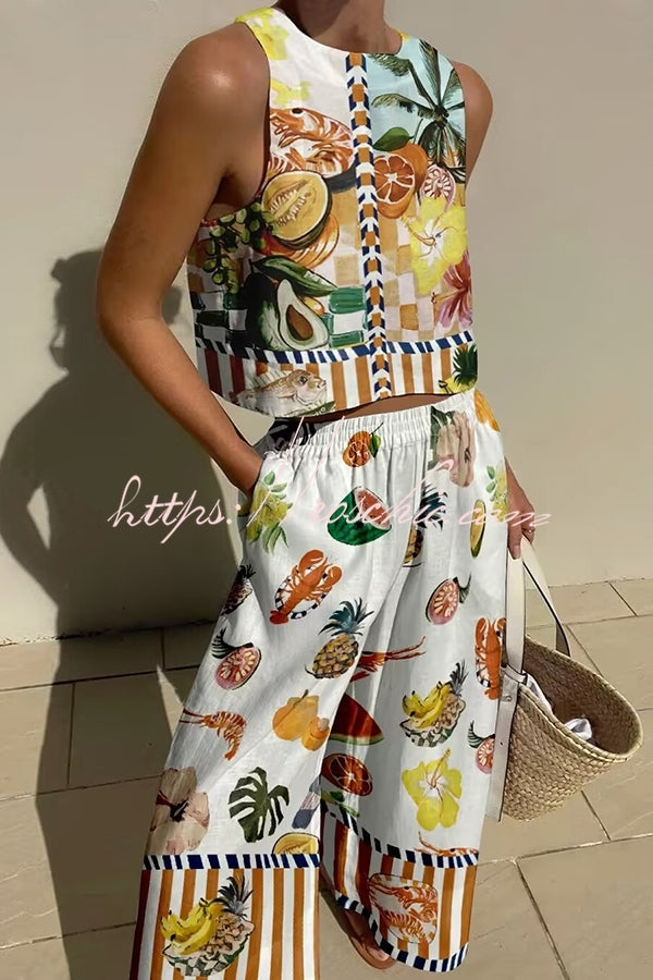 Comforts Linen Blend Tropical Fruit Print Tank and Elastic Waist Pocketed Pants Set