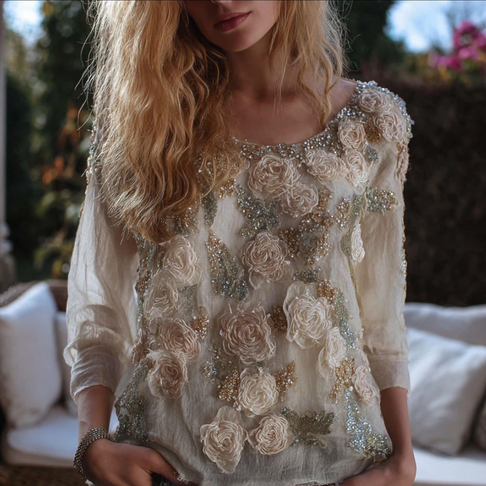 Ladies' Three-dimensional Flower Vintage Round-neck Long-sleeved Top elevenforest