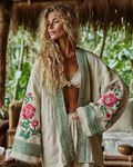 Women's Japanese Bohemian Floral Embroidered Linen Kimono Cardigan elevenforest