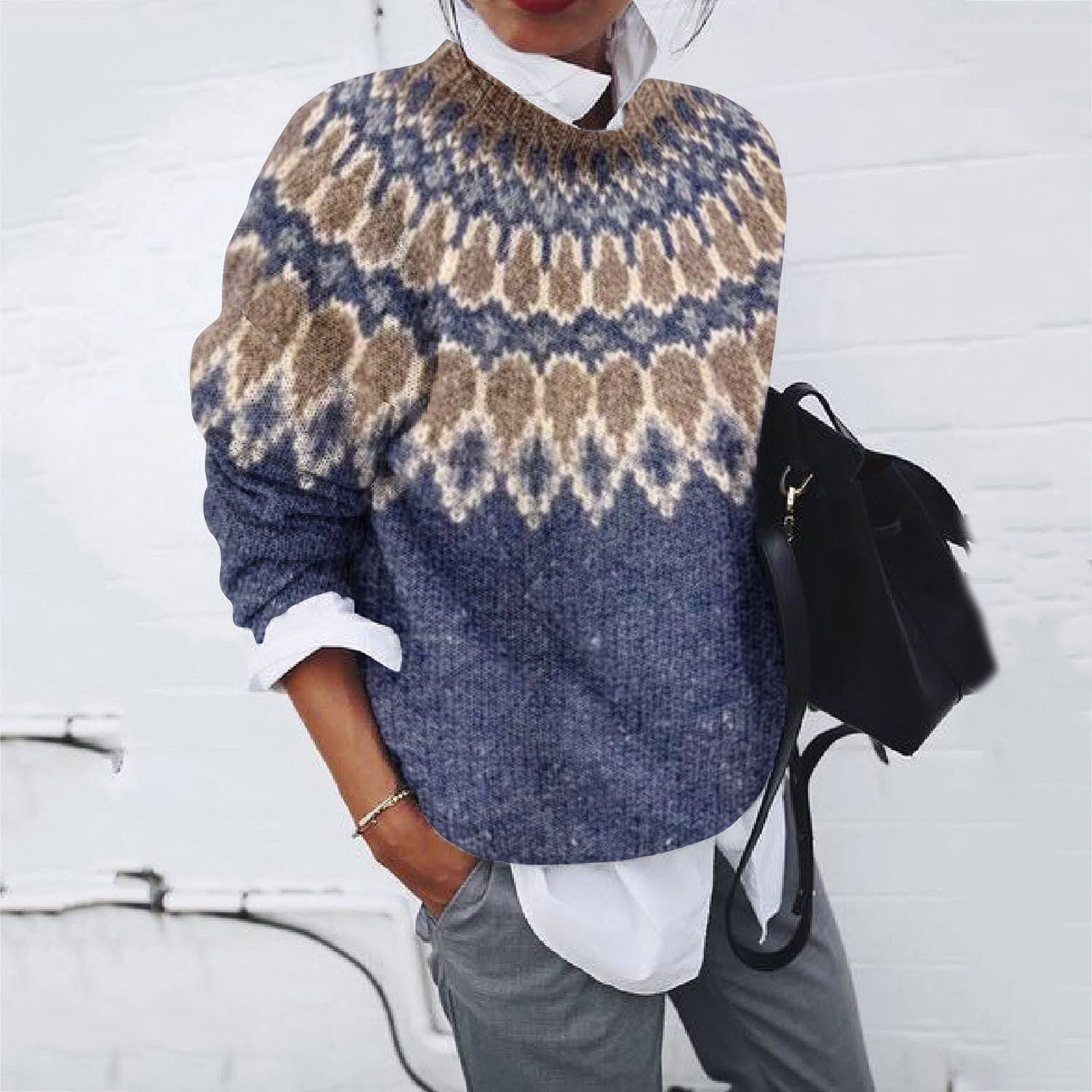 Vintage Geometric Contrast Sweater Pattern Print Sweater elevenforest