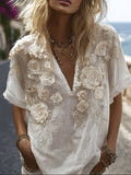 Ladies' Floral V-neck Vintage White Linen Short-sleeved Shirt elevenforest