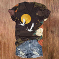 Comstylish Retro Japanese Style Peony And Crane Print V-neck Top