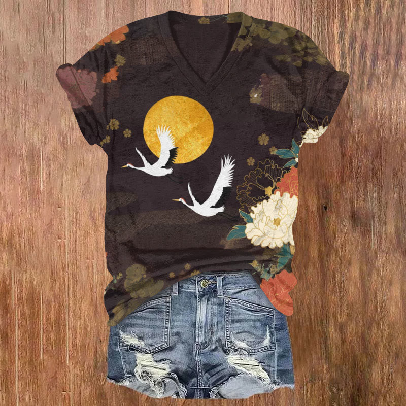 Comstylish Retro Japanese Style Peony And Crane Print V-neck Top