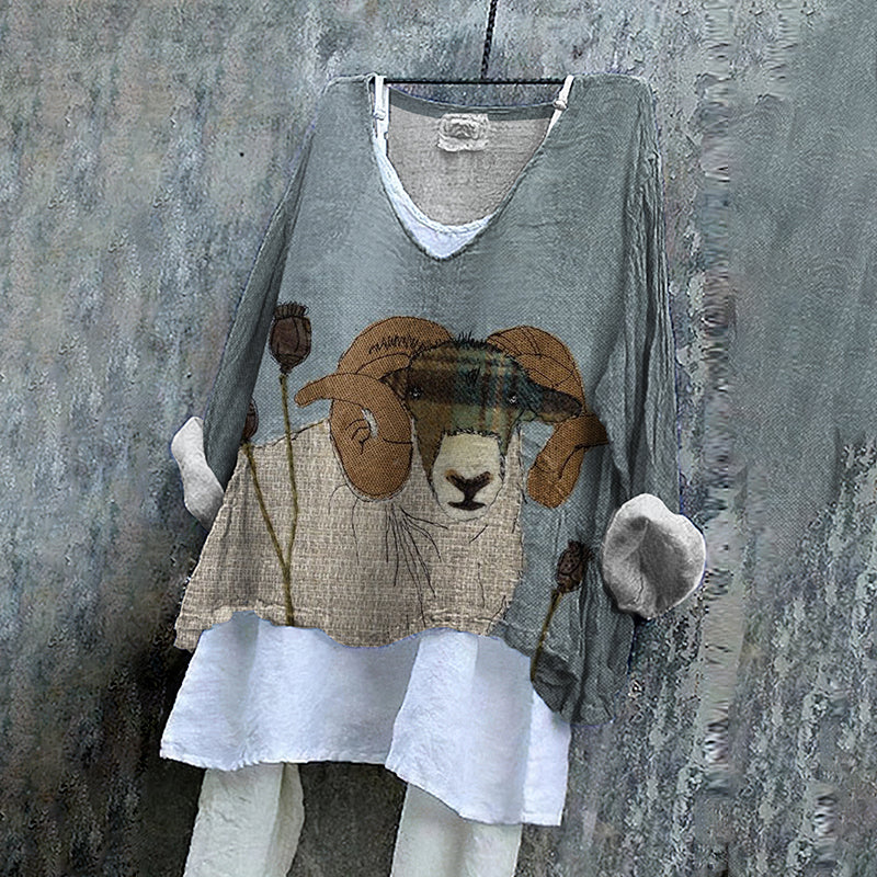 Comstylish Sheep Art Print V-Neck Loose Blouse