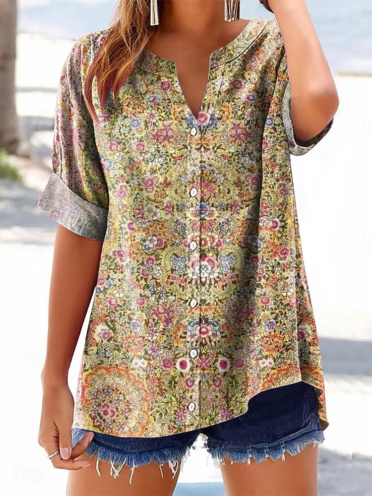 Women's Vintage Ethnic Floral Art Printed Casual Short Sleeve Cotton a