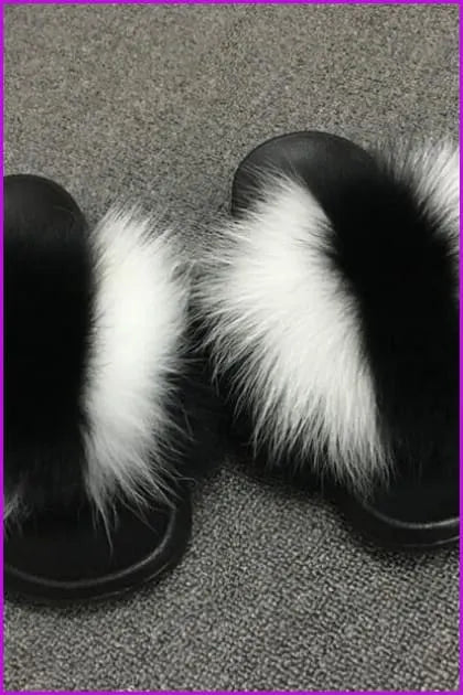 Super Fluffy Black White Fox Full-pelt Fur Sliders Df035