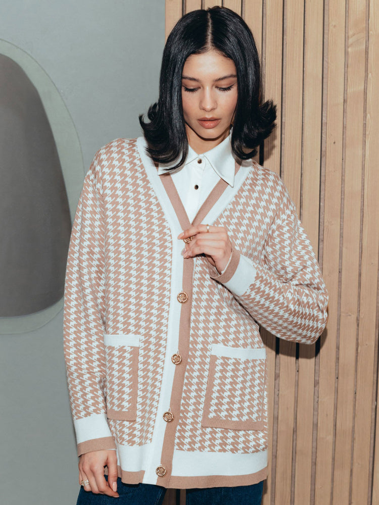 Taruxy Houndstooth Knitted Cardigan Loose Pockets Oversized Sweater Knitwear Cardigans Femme