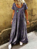 Women's Vintage Floral Art Print Pocket Short Sleeve Cotton Dress