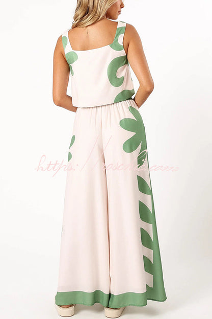 Stylish Printed Sleeveless Tank Top and Pocket Elastic Waist Wide Leg Pants Set