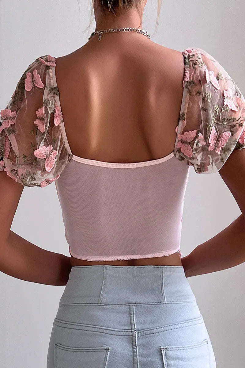 Butterfly Embroidered Draw String Mesh V Neck Low Waist T-shirts