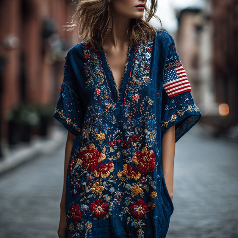 Women's Vintage Floral And Flag Embroidered V-neck Dress elevenforest