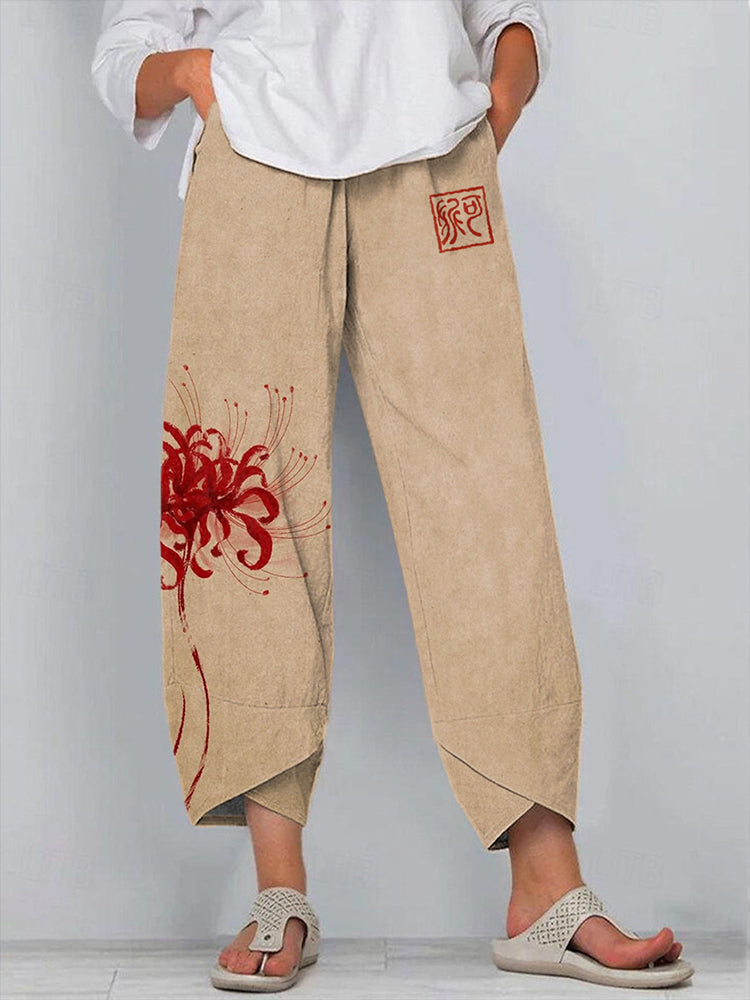 Japanese Art Floral Print Linen Blend Pants elevenforest