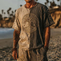 Men's Retro Tree Of Life Design Two-color Linen T-shirt elevenforest