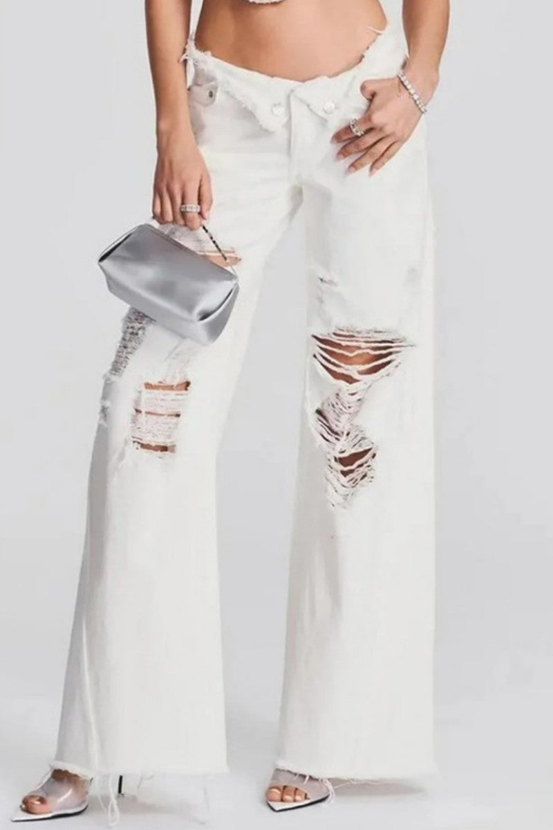 Ripped Patchwork Mid Waist Regular Denim Jeans (subject to the Actual Object)(5 Colors)