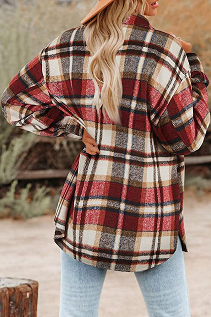 Plaid Pocket Buckle Turndown Collar Outerwear(8 Colors)