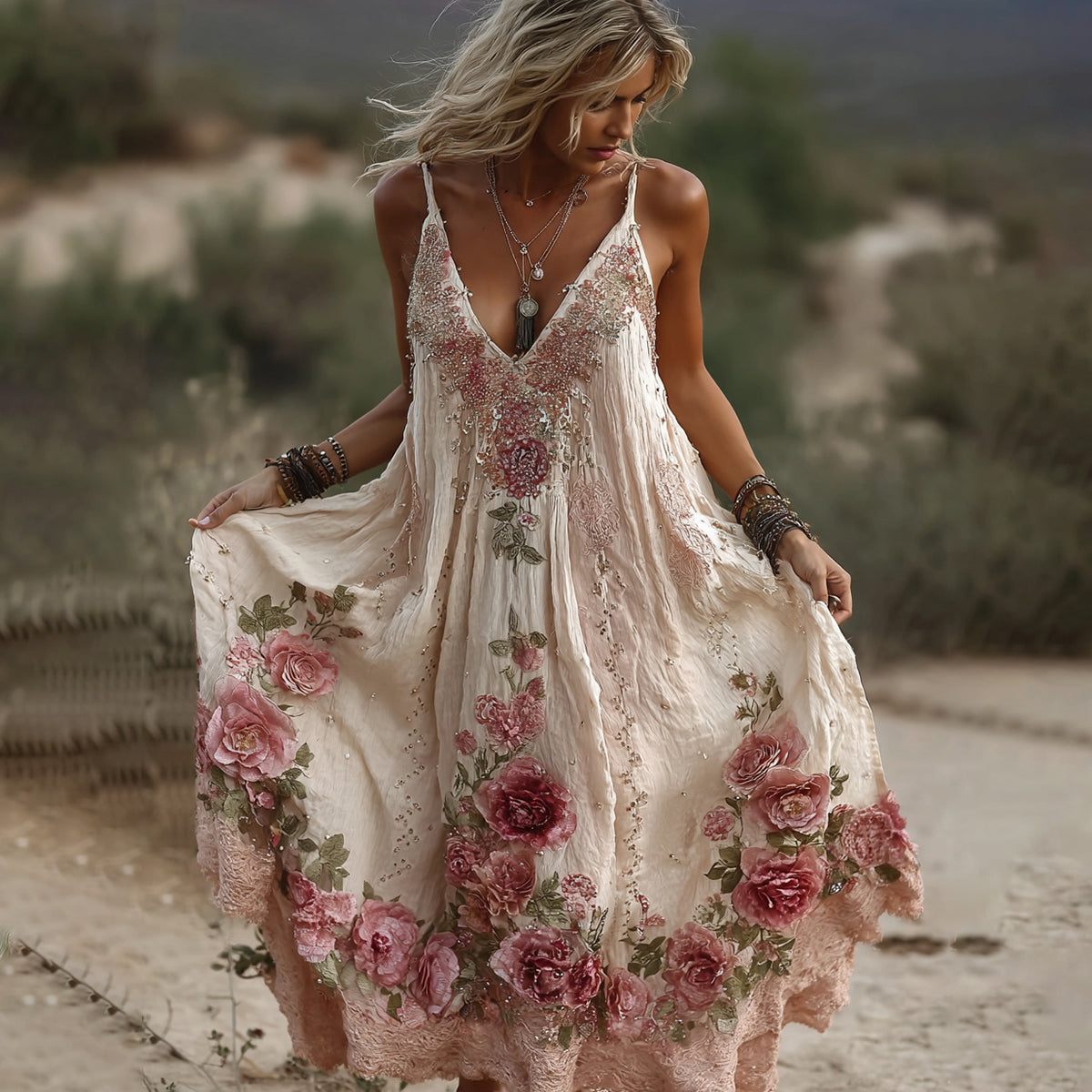 Women's Pink Rose Embroidery Art V-neck Suspender Maxi Dress elevenforest