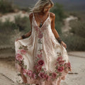 Women's Pink Rose Embroidery Art V-neck Suspender Maxi Dress elevenforest
