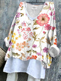 Comstylish Vintage Floral Pattern Women's Casual Linen Blend Shirt