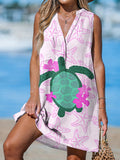 Sea Turtle and Pink Starfish Women's Print Casual Cotton And Linen 3/4 Sleeve Shirt