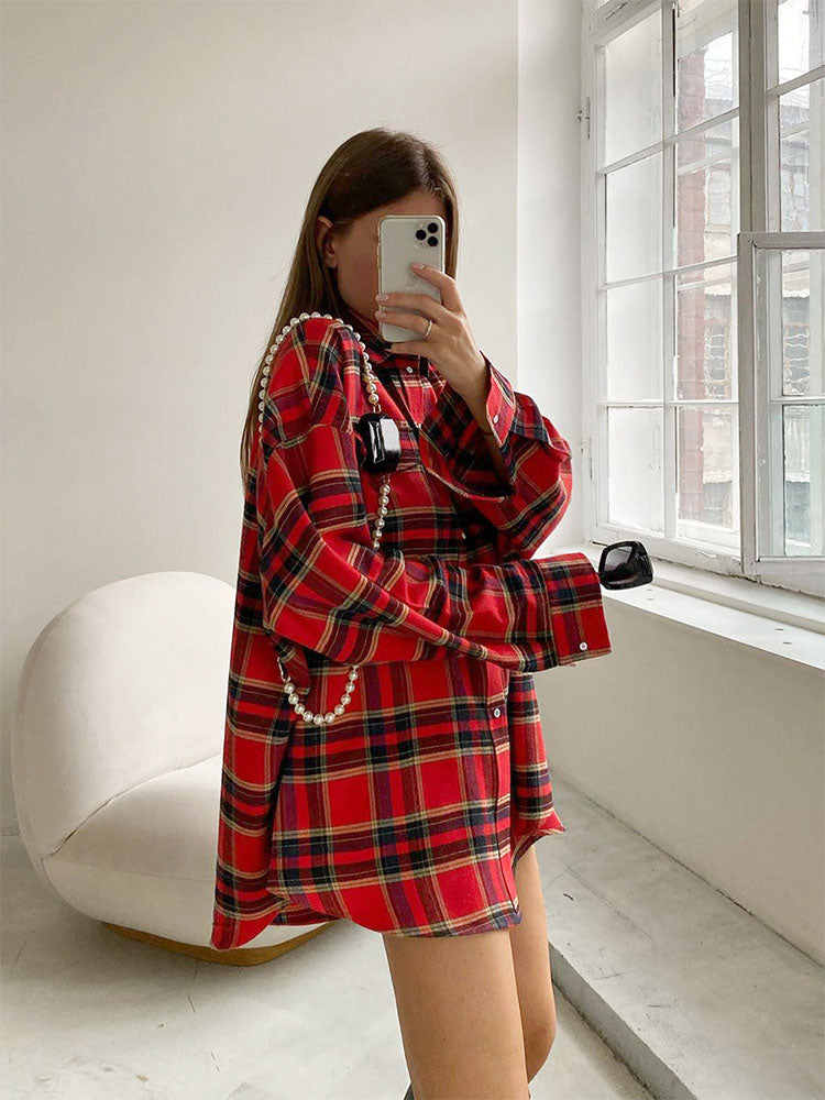 Bright Gingham Shirts for Street Style Shacket Blouses and Tops Single-breasted Autumn