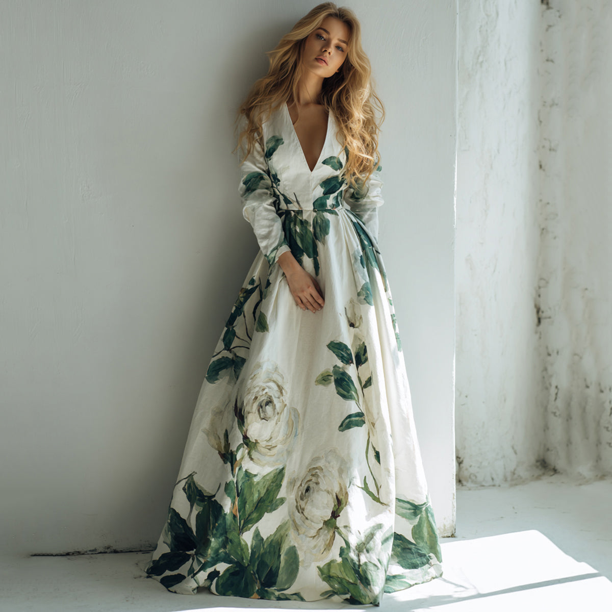 Women's Vintage Floral Art V-neck Long Sleeve Maxi Dress elevenforest